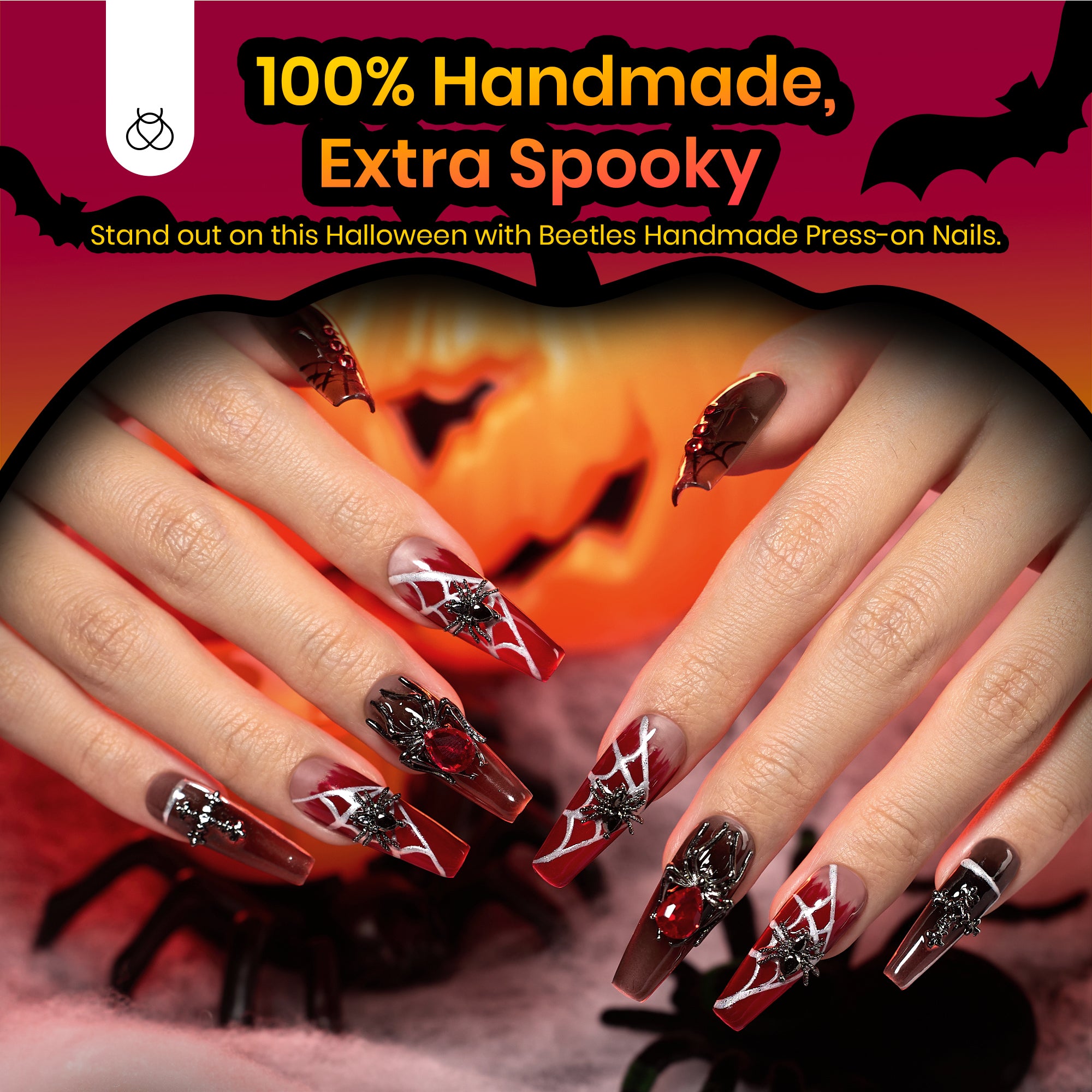 Helloween Evil Spider | Medium Coffin Press On Nails in 16 Sizes-32Pcs