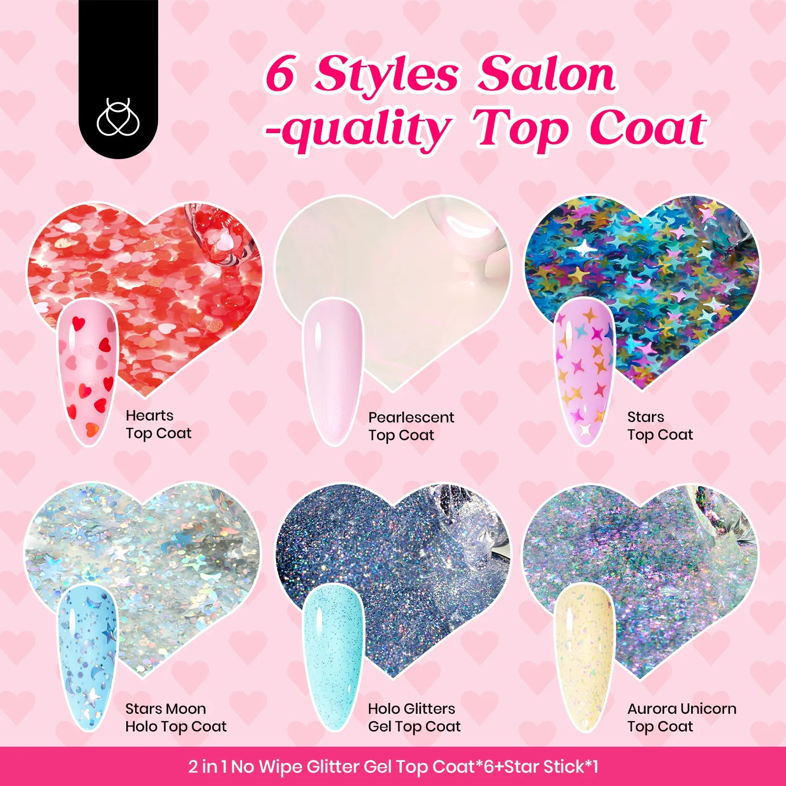 Beetles 6 Pcs Heart Star Valentines Day Reflective Glitter Gel Top Coat Set