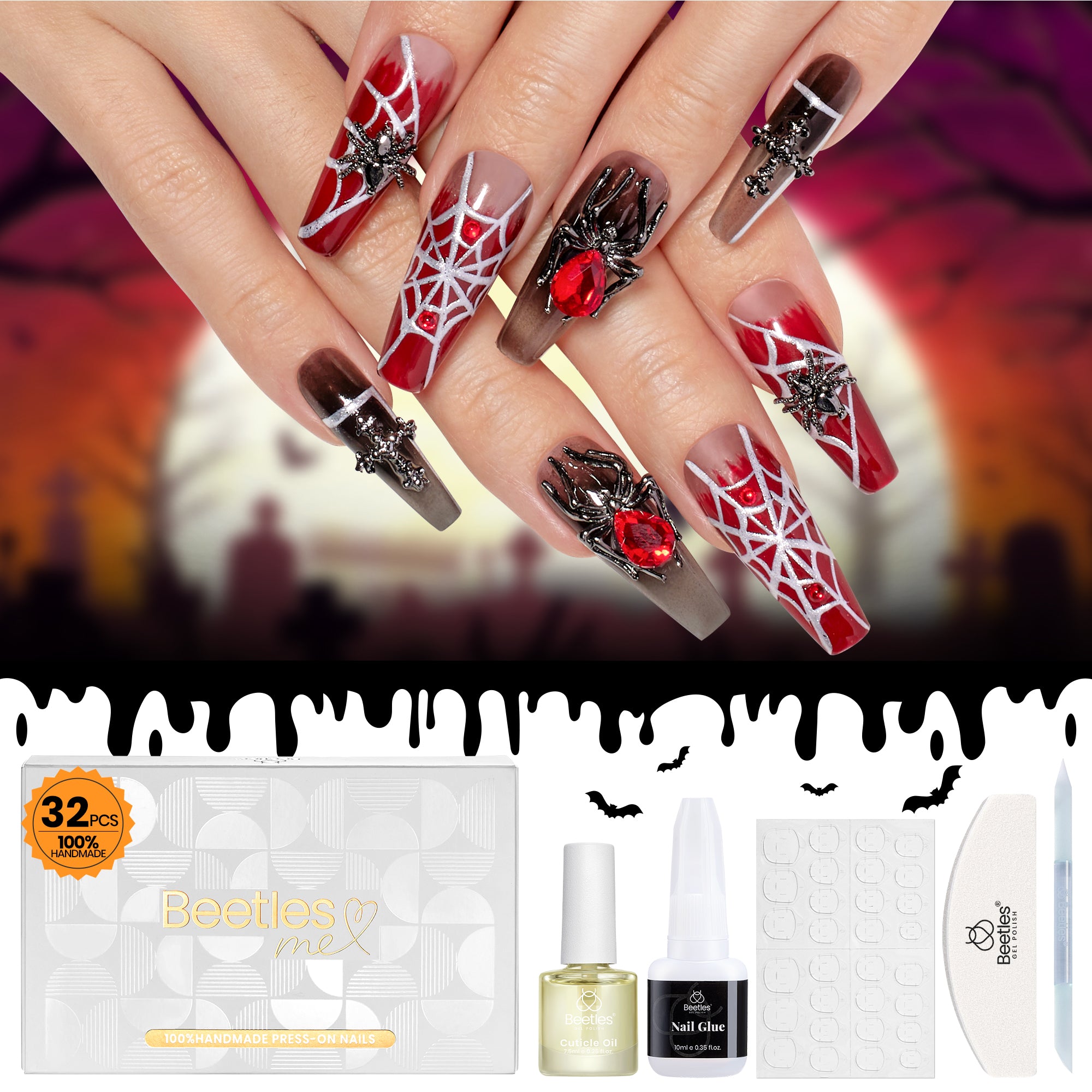 Helloween Evil Spider |  3D Intricate 100% Handmade Luxury Press On Nails with Gift Box (16 Sizes-32Pcs)