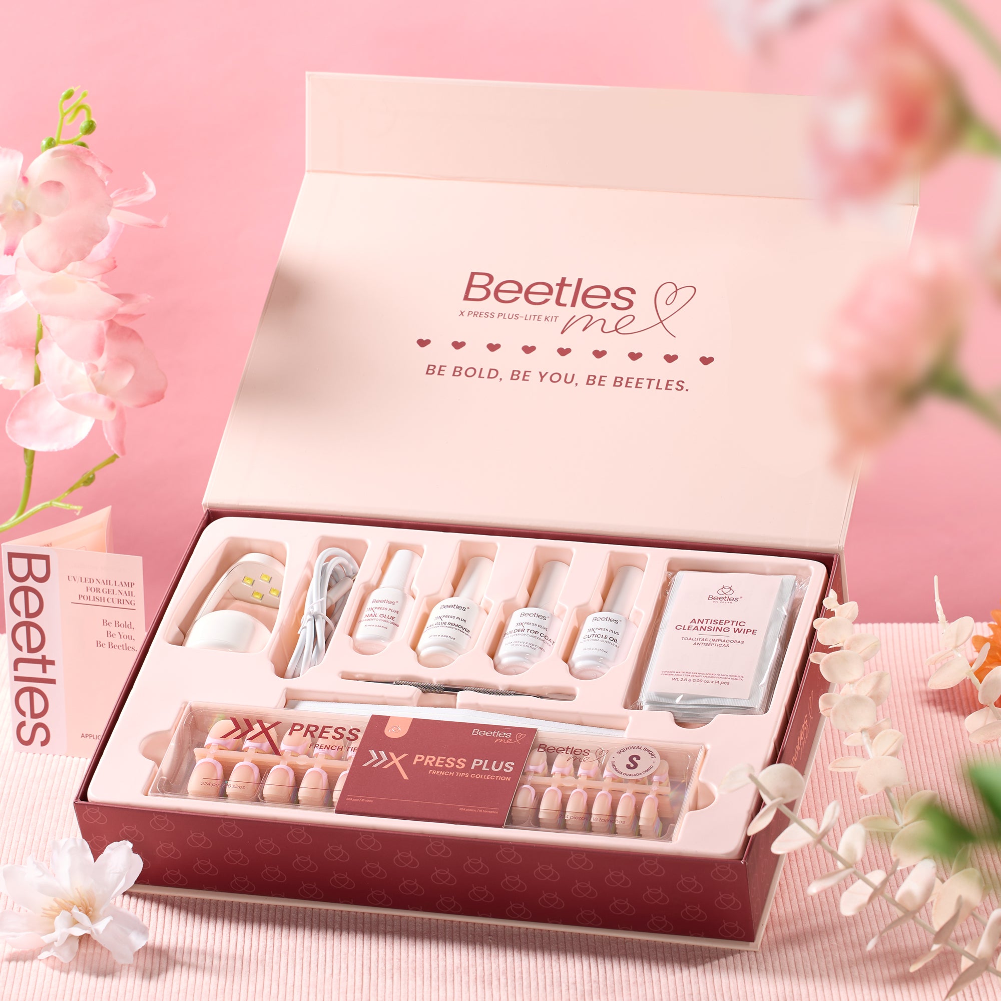 Gift Box Beetles Short Almond  X Press Plus-Lite Kit 7 Colors Pastel Spring French Tip