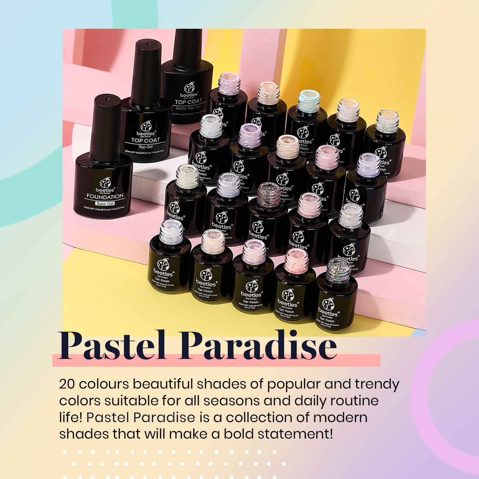 Pastel Paradise - 20 Gel Colors Set with Top and Base Coat (5ml/Each)