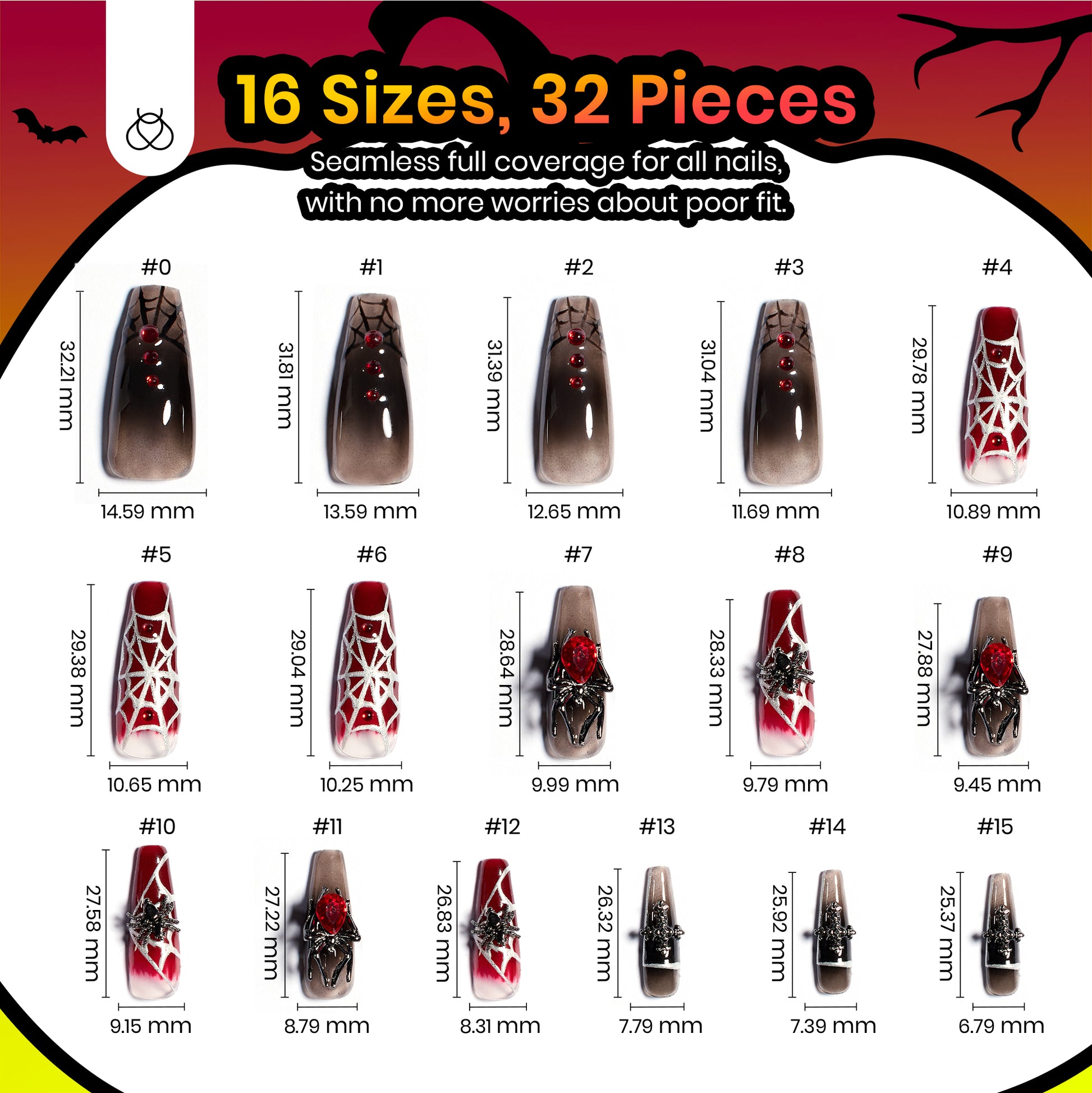 Helloween Evil Spider | Medium Coffin Press On Nails in 16 Sizes-32Pcs