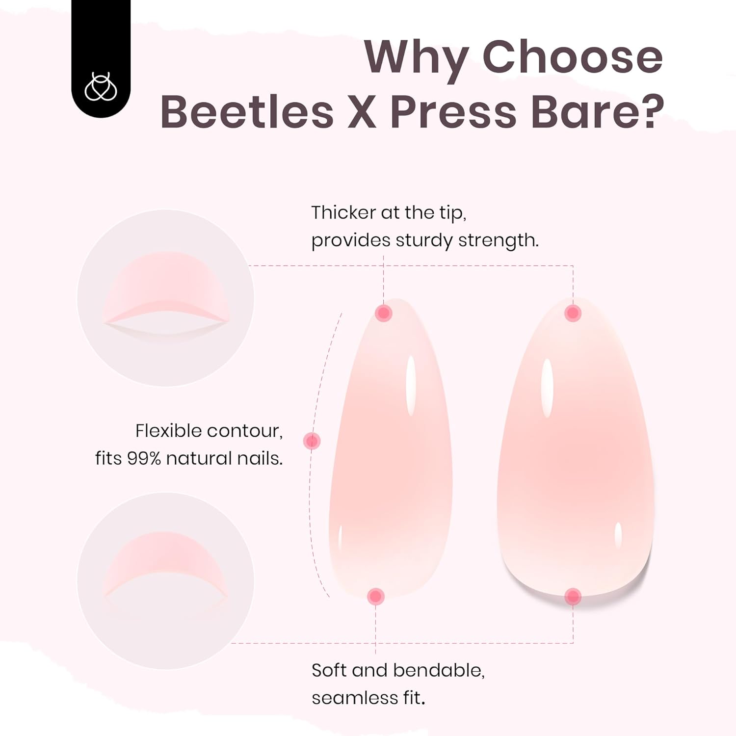 Beetles Blushing Bows Press on Nails | Medium Almond 15 Sizes-30Pcs