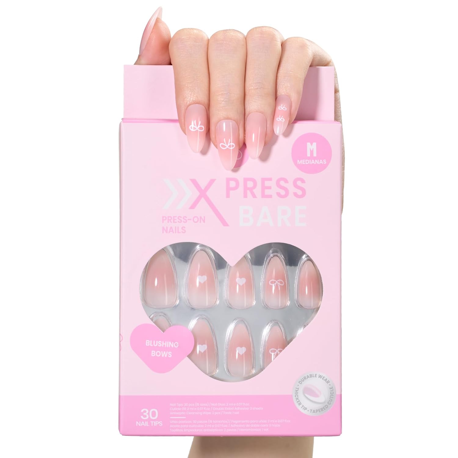 Beetles Blushing Bows Press on Nails | Medium Almond 15 Sizes-30Pcs