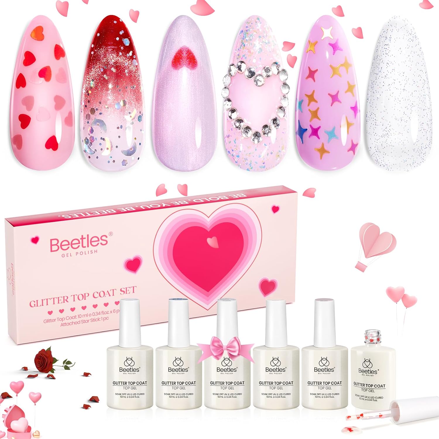 Beetles 6 Pcs Heart Star Valentines Day Reflective Glitter Gel Top Coat Set