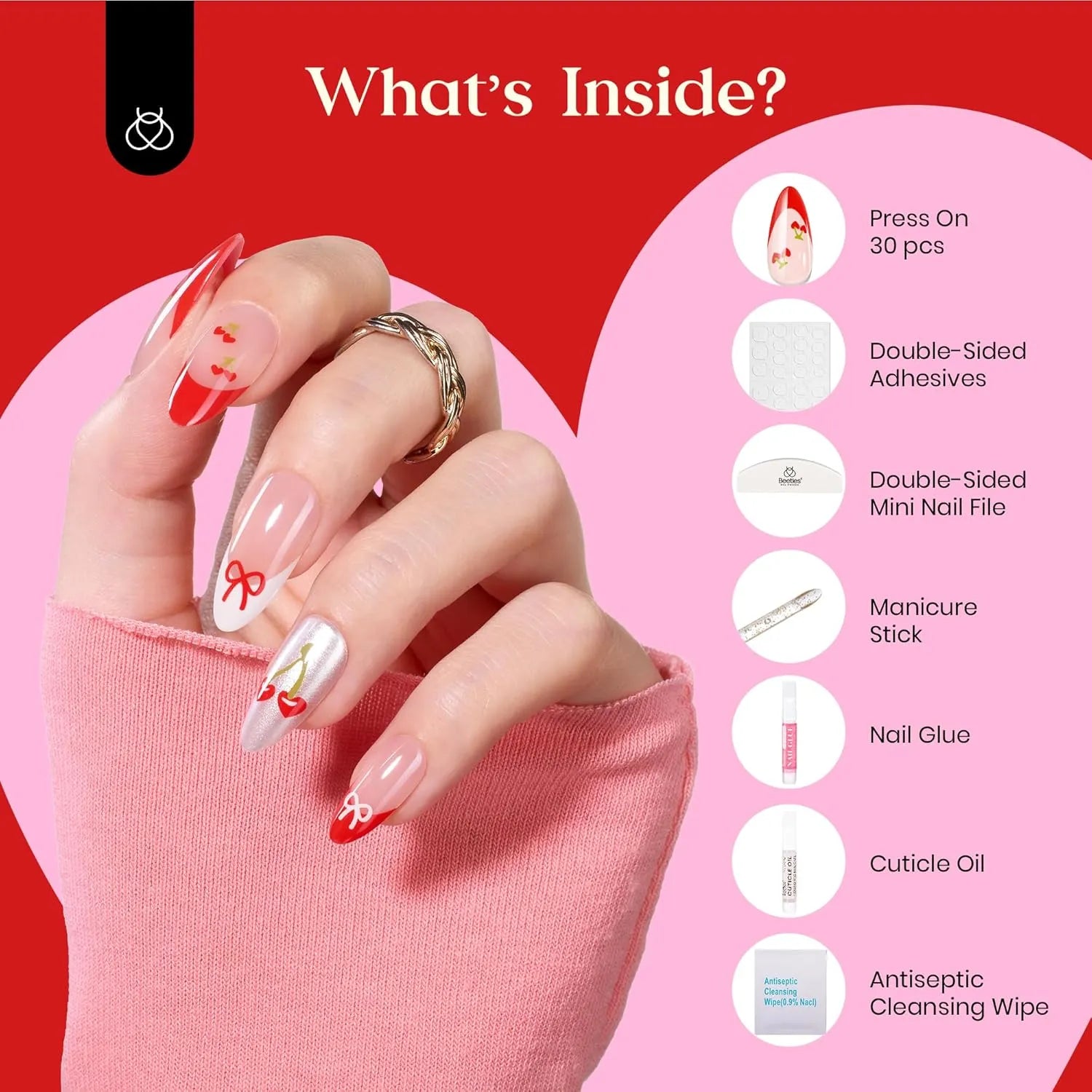 Beetles Valentine Cherry Red French Press on Nails | Medium Almond 15 Sizes-30Pcs