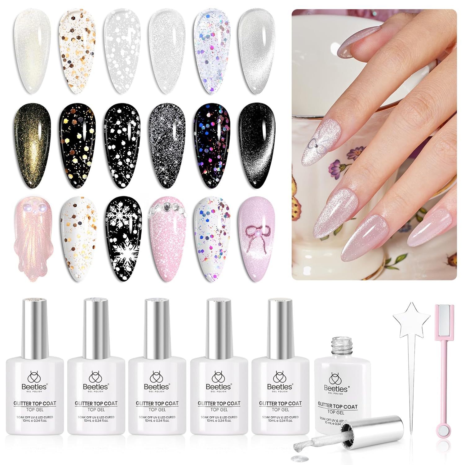 Beetles 8 Pcs No Wipe Glitter Gel Top Coat Set