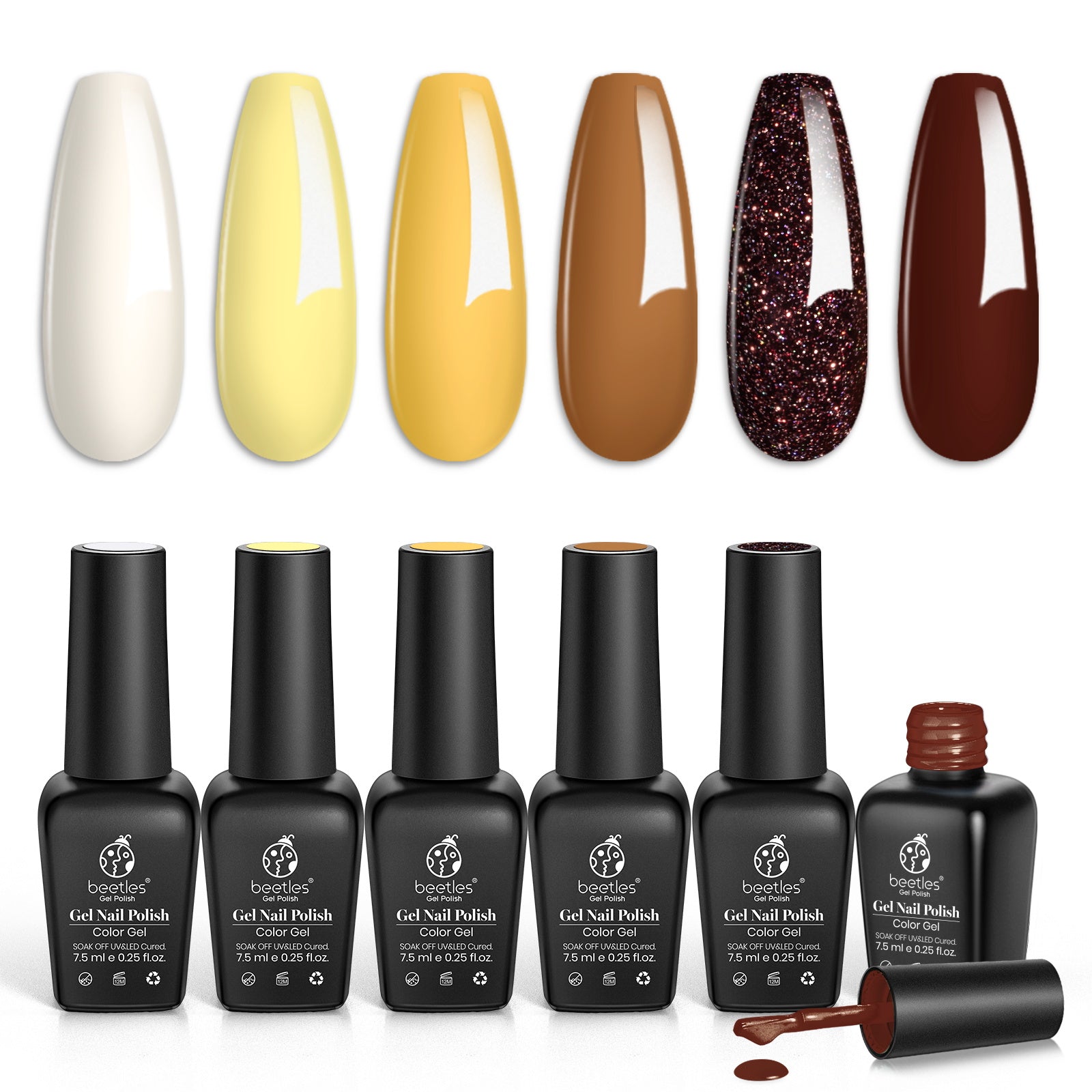 Beetles Gel Nail Polish Set, 6 Colors Modern Retro Fall Winter Brown Yellow Gold Glitter Gel Polish Wine Red Gel Nail Kit Soak Off Nail Lamp LED Halloween Thanksgiving Nail Art DIY Home Minicure