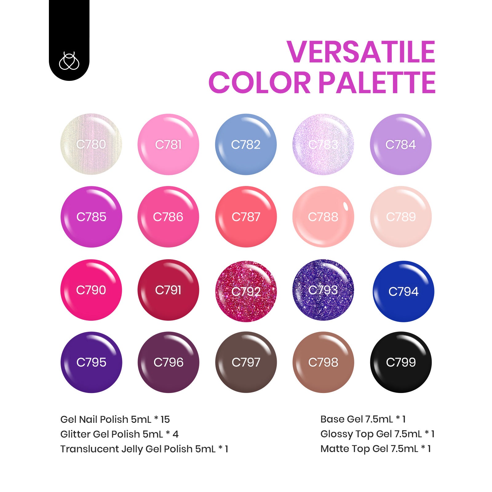 Romance Rebellion - 20 Gel Colors Set with Top and Base Coat (5ml/Each)