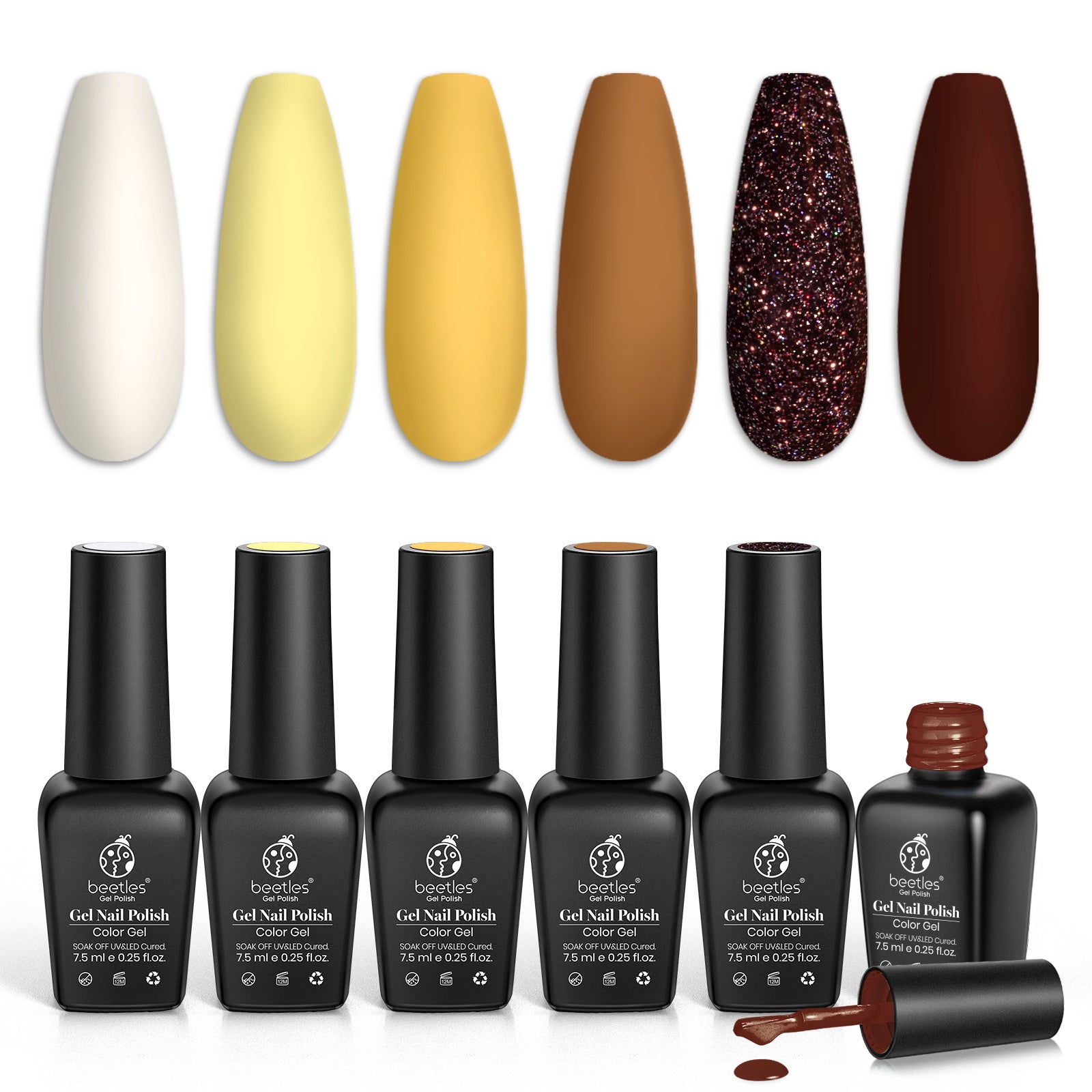 Beetles Gel Nail Polish Set, 6 Colors Modern Retro Fall Winter Brown Yellow Gold Glitter Gel Polish Wine Red Gel Nail Kit Soak Off Nail Lamp LED Halloween Thanksgiving Nail Art DIY Home Minicure