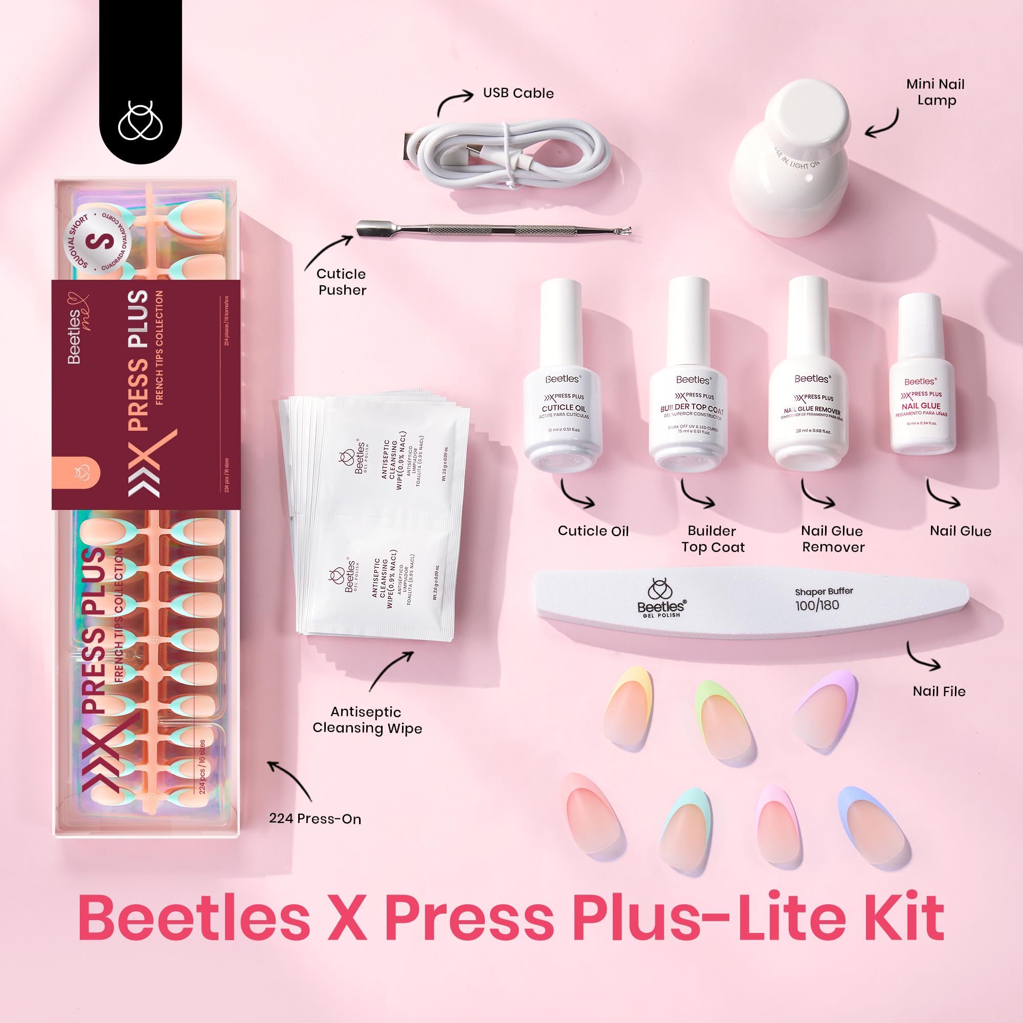 Gift Box Beetles Short Almond  X Press Plus-Lite Kit 7 Colors Pastel Spring French Tip